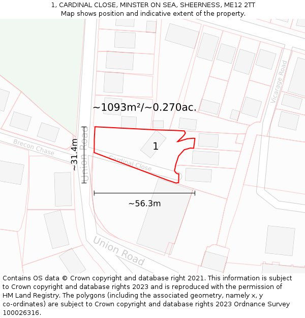 1, CARDINAL CLOSE, MINSTER ON SEA, SHEERNESS, ME12 2TT: Plot and title map