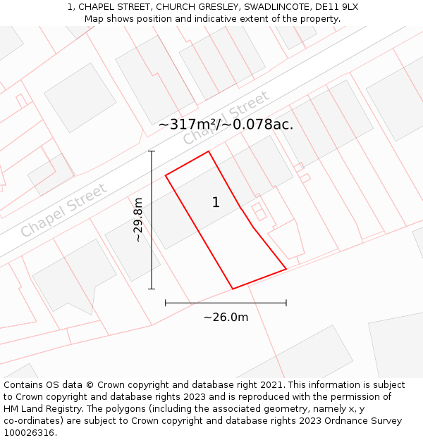 1, CHAPEL STREET, CHURCH GRESLEY, SWADLINCOTE, DE11 9LX: Plot and title map