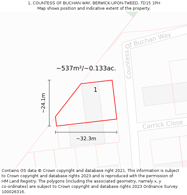 1, COUNTESS OF BUCHAN WAY, BERWICK-UPON-TWEED, TD15 1PH: Plot and title map