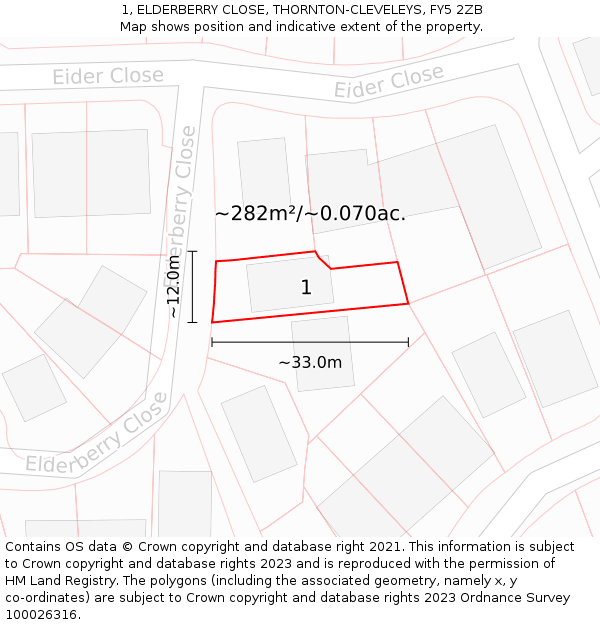 1, ELDERBERRY CLOSE, THORNTON-CLEVELEYS, FY5 2ZB: Plot and title map