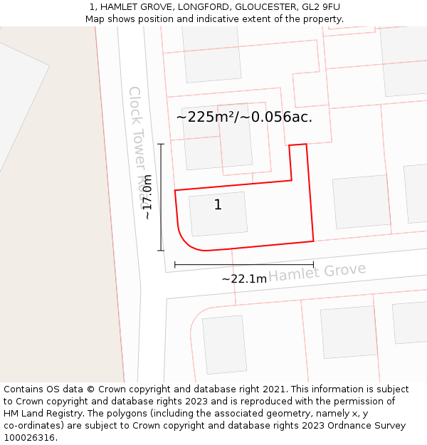 1, HAMLET GROVE, LONGFORD, GLOUCESTER, GL2 9FU: Plot and title map