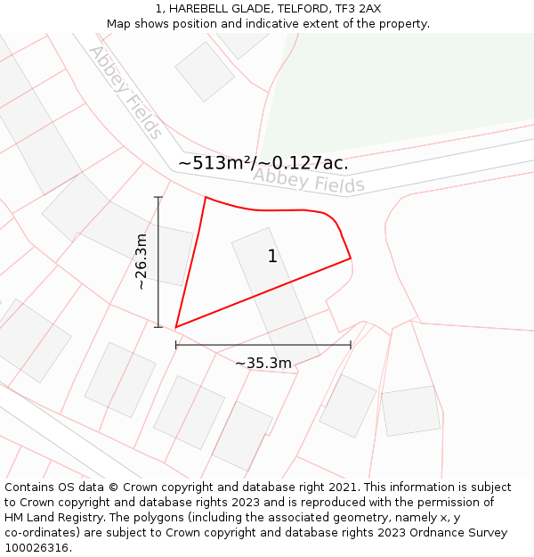 1, HAREBELL GLADE, TELFORD, TF3 2AX: Plot and title map