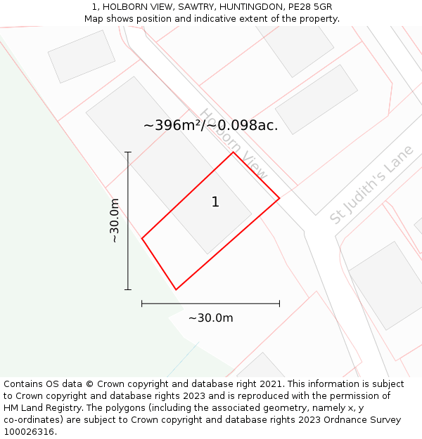 1, HOLBORN VIEW, SAWTRY, HUNTINGDON, PE28 5GR: Plot and title map