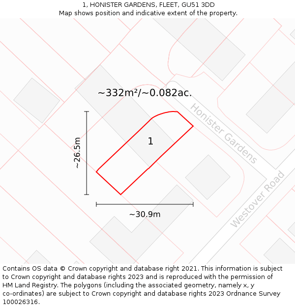 1, HONISTER GARDENS, FLEET, GU51 3DD: Plot and title map