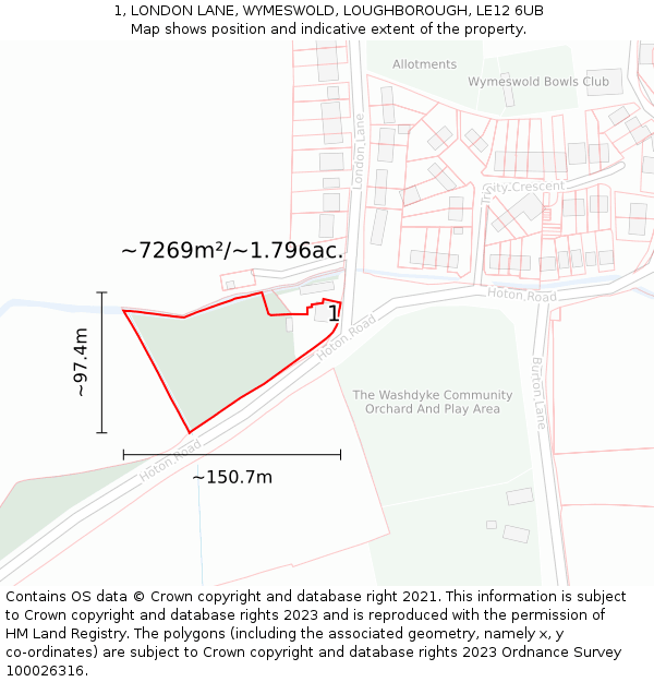 1, LONDON LANE, WYMESWOLD, LOUGHBOROUGH, LE12 6UB: Plot and title map