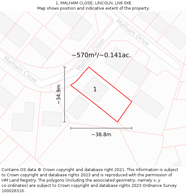 1, MALHAM CLOSE, LINCOLN, LN6 0XE: Plot and title map