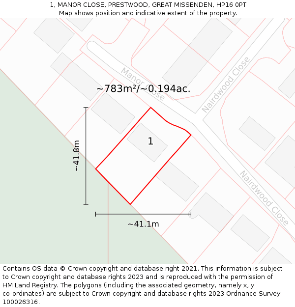 1, MANOR CLOSE, PRESTWOOD, GREAT MISSENDEN, HP16 0PT: Plot and title map