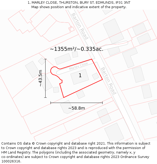 1, MARLEY CLOSE, THURSTON, BURY ST. EDMUNDS, IP31 3NT: Plot and title map