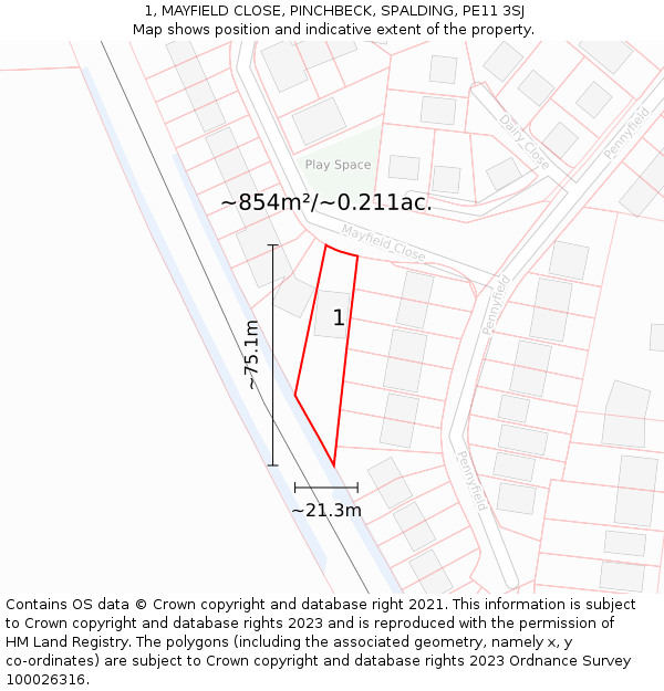 1, MAYFIELD CLOSE, PINCHBECK, SPALDING, PE11 3SJ: Plot and title map