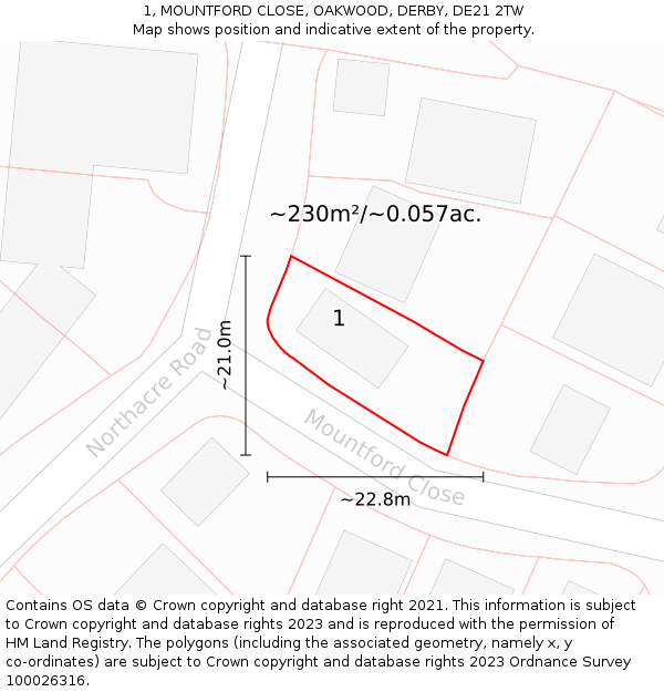 1, MOUNTFORD CLOSE, OAKWOOD, DERBY, DE21 2TW: Plot and title map