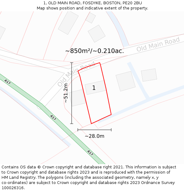 1, OLD MAIN ROAD, FOSDYKE, BOSTON, PE20 2BU: Plot and title map