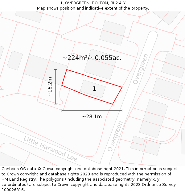 1, OVERGREEN, BOLTON, BL2 4LY: Plot and title map