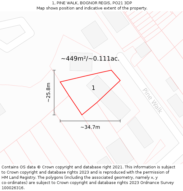 1, PINE WALK, BOGNOR REGIS, PO21 3DP: Plot and title map