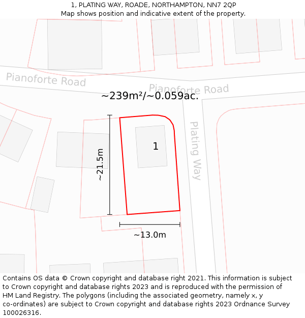 1, PLATING WAY, ROADE, NORTHAMPTON, NN7 2QP: Plot and title map