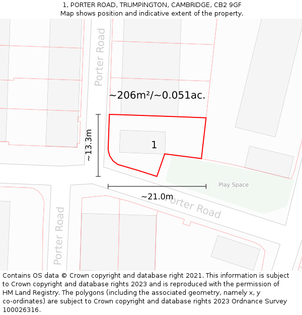 1, PORTER ROAD, TRUMPINGTON, CAMBRIDGE, CB2 9GF: Plot and title map