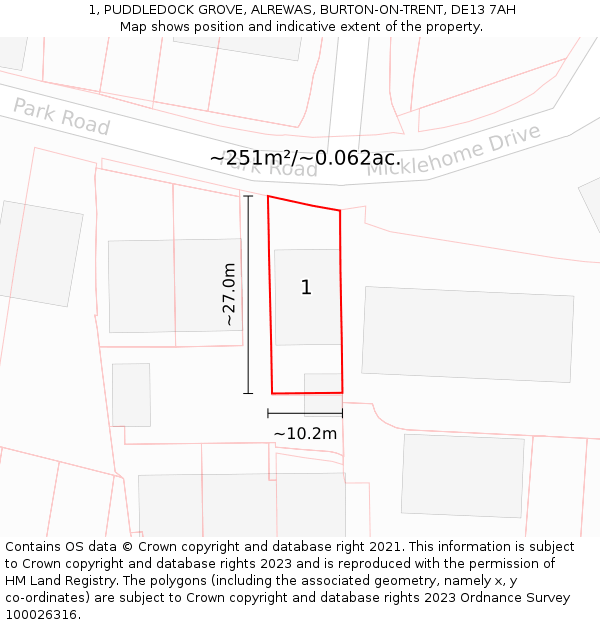 1, PUDDLEDOCK GROVE, ALREWAS, BURTON-ON-TRENT, DE13 7AH: Plot and title map