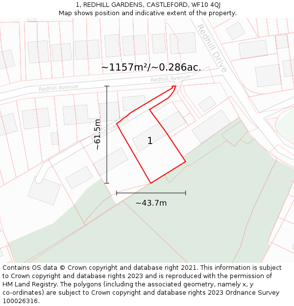 1, REDHILL GARDENS, CASTLEFORD, WF10 4QJ: Plot and title map