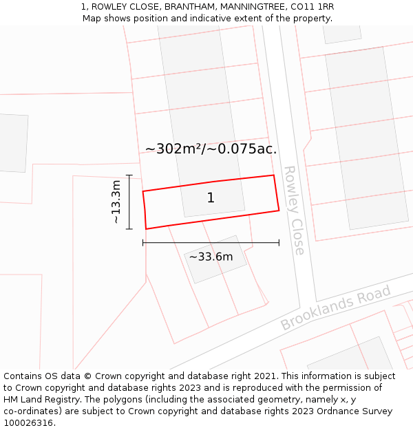 1, ROWLEY CLOSE, BRANTHAM, MANNINGTREE, CO11 1RR: Plot and title map