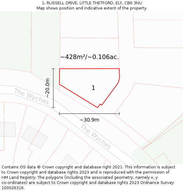 1, RUSSELL DRIVE, LITTLE THETFORD, ELY, CB6 3NU: Plot and title map