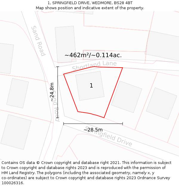 1, SPRINGFIELD DRIVE, WEDMORE, BS28 4BT: Plot and title map