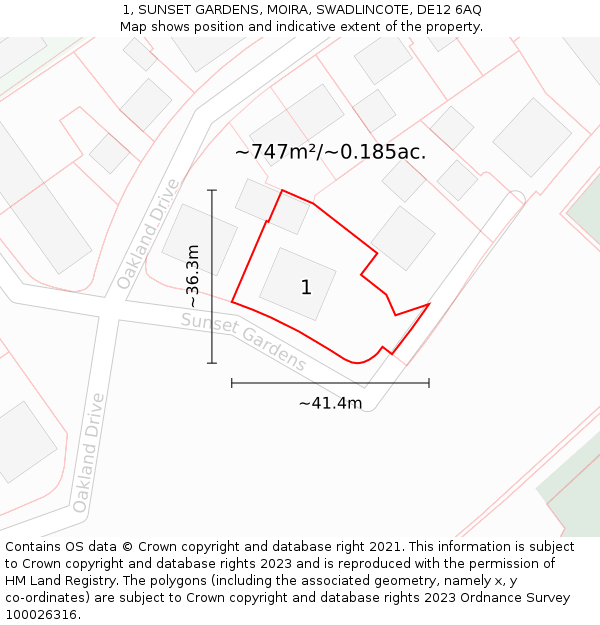 1, SUNSET GARDENS, MOIRA, SWADLINCOTE, DE12 6AQ: Plot and title map