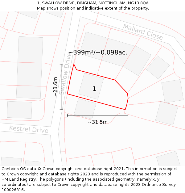 1, SWALLOW DRIVE, BINGHAM, NOTTINGHAM, NG13 8QA: Plot and title map