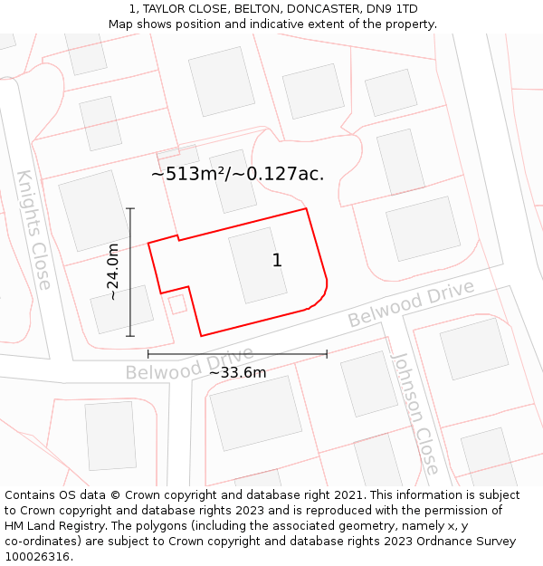 1, TAYLOR CLOSE, BELTON, DONCASTER, DN9 1TD: Plot and title map