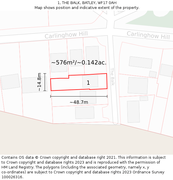 1, THE BALK, BATLEY, WF17 0AH: Plot and title map