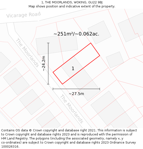 1, THE MOORLANDS, WOKING, GU22 9BJ: Plot and title map