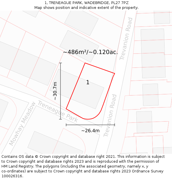 1, TRENEAGUE PARK, WADEBRIDGE, PL27 7PZ: Plot and title map