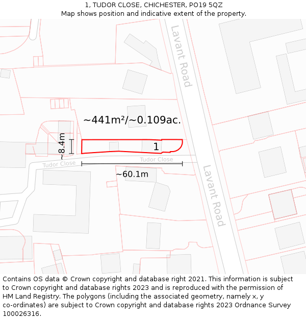 1, TUDOR CLOSE, CHICHESTER, PO19 5QZ: Plot and title map