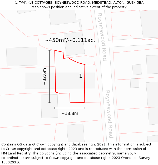 1, TWINKLE COTTAGES, BOYNESWOOD ROAD, MEDSTEAD, ALTON, GU34 5EA: Plot and title map