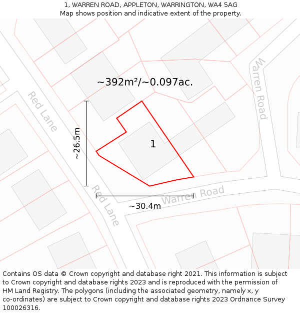 1, WARREN ROAD, APPLETON, WARRINGTON, WA4 5AG: Plot and title map