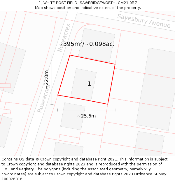 1, WHITE POST FIELD, SAWBRIDGEWORTH, CM21 0BZ: Plot and title map