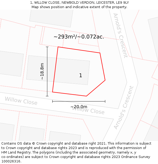 1, WILLOW CLOSE, NEWBOLD VERDON, LEICESTER, LE9 9LY: Plot and title map