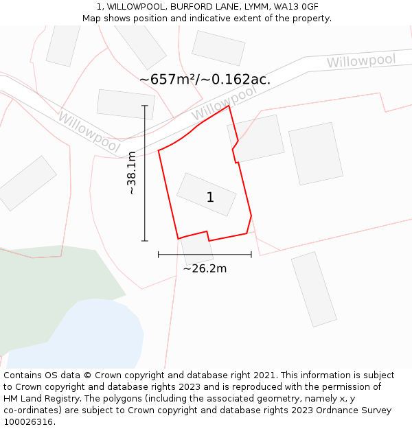 1, WILLOWPOOL, BURFORD LANE, LYMM, WA13 0GF: Plot and title map