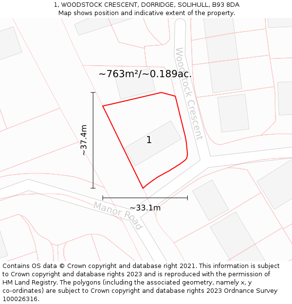 1, WOODSTOCK CRESCENT, DORRIDGE, SOLIHULL, B93 8DA: Plot and title map