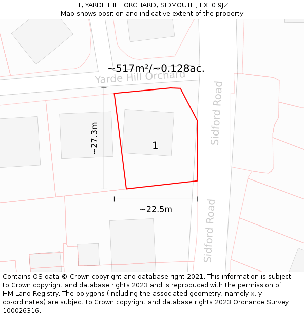 1, YARDE HILL ORCHARD, SIDMOUTH, EX10 9JZ: Plot and title map