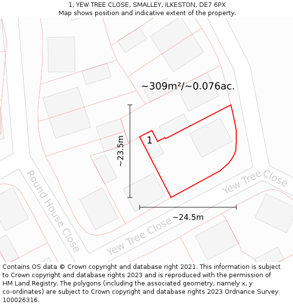 1, YEW TREE CLOSE, SMALLEY, ILKESTON, DE7 6PX: Plot and title map