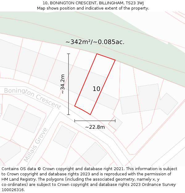 10, BONINGTON CRESCENT, BILLINGHAM, TS23 3WJ: Plot and title map