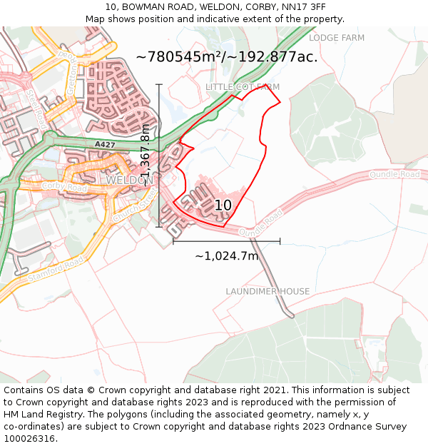 10, BOWMAN ROAD, WELDON, CORBY, NN17 3FF: Plot and title map