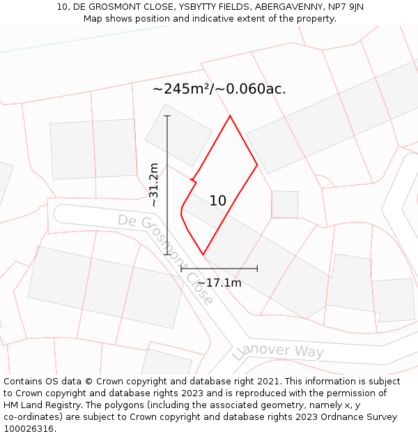 10, DE GROSMONT CLOSE, YSBYTTY FIELDS, ABERGAVENNY, NP7 9JN: Plot and title map