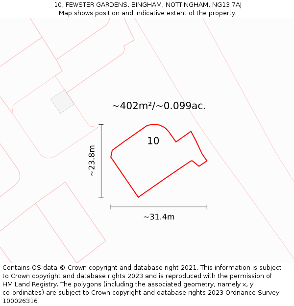 10, FEWSTER GARDENS, BINGHAM, NOTTINGHAM, NG13 7AJ: Plot and title map