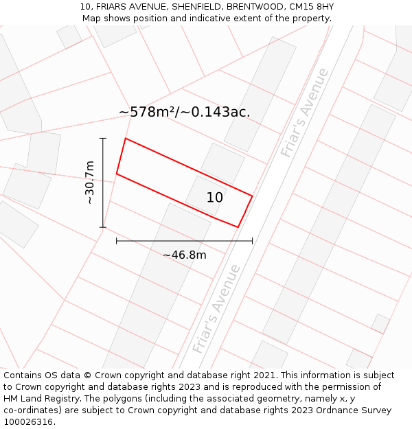 10, FRIARS AVENUE, SHENFIELD, BRENTWOOD, CM15 8HY: Plot and title map