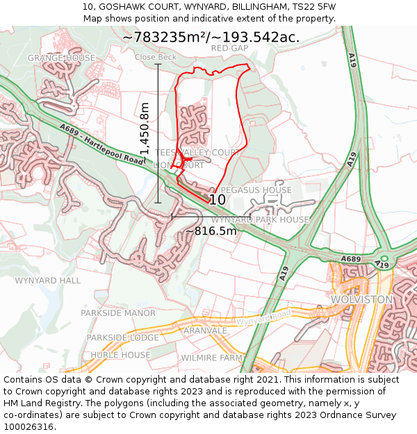 10, GOSHAWK COURT, WYNYARD, BILLINGHAM, TS22 5FW: Plot and title map