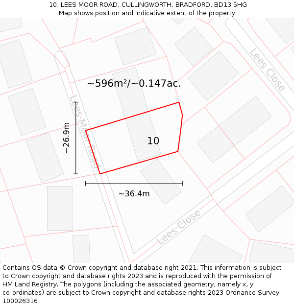 10, LEES MOOR ROAD, CULLINGWORTH, BRADFORD, BD13 5HG: Plot and title map