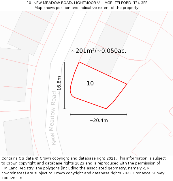 10, NEW MEADOW ROAD, LIGHTMOOR VILLAGE, TELFORD, TF4 3FF: Plot and title map