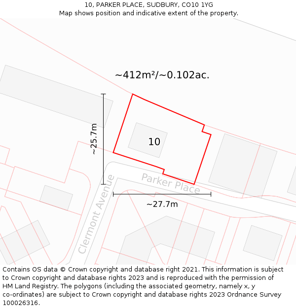 10, PARKER PLACE, SUDBURY, CO10 1YG: Plot and title map