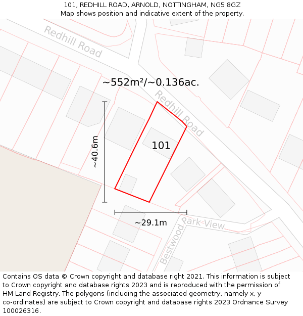 101, REDHILL ROAD, ARNOLD, NOTTINGHAM, NG5 8GZ: Plot and title map