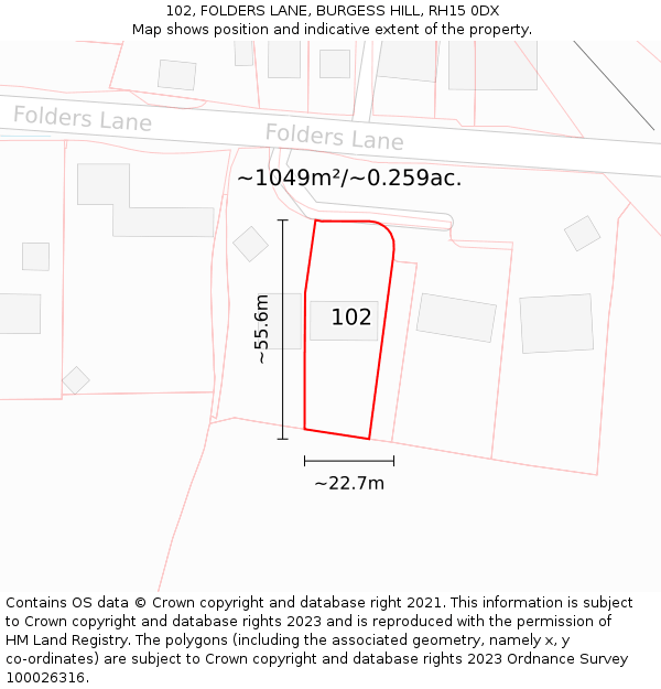 102, FOLDERS LANE, BURGESS HILL, RH15 0DX: Plot and title map